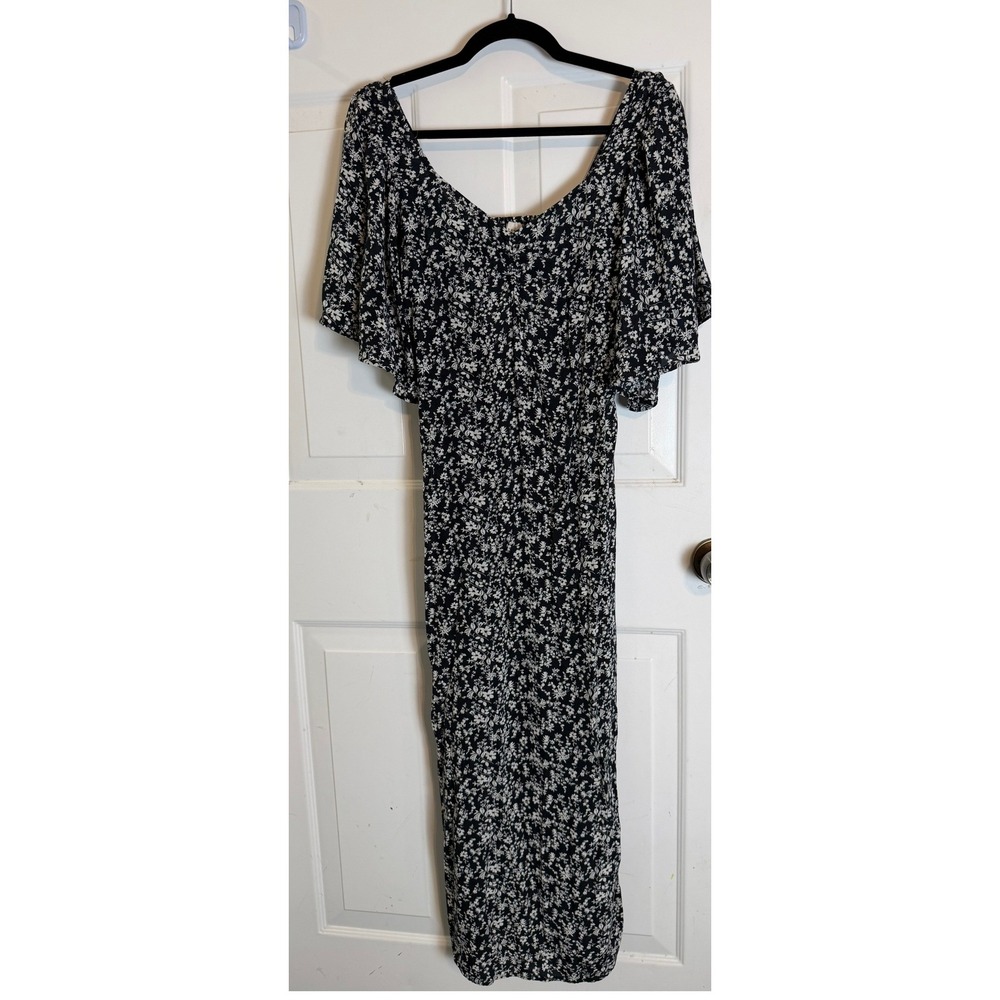 A New Day Dress Small Black White Floral Flutter Sleeve Midi Smocked Cottagecore
